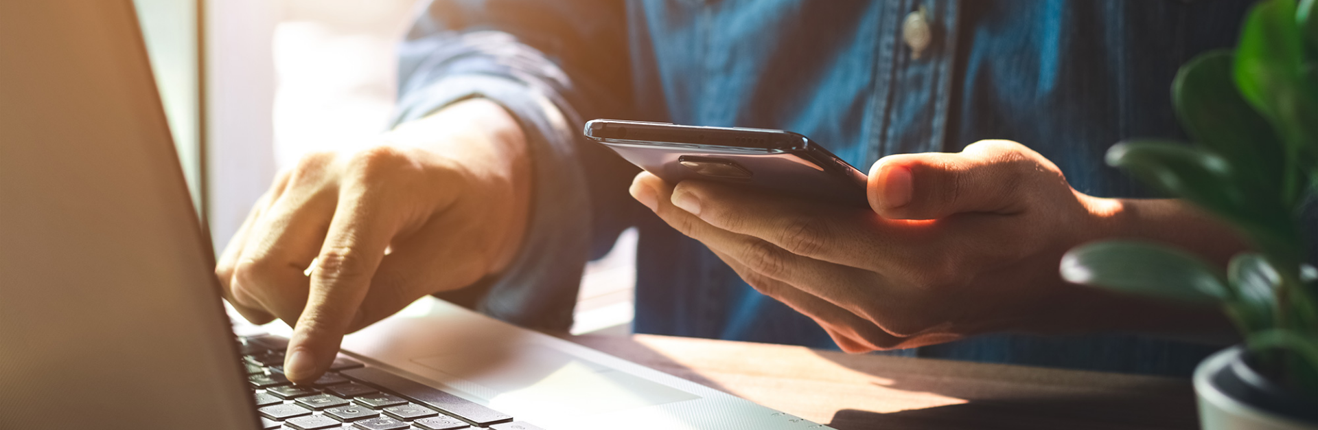person using their phone and computer to look up and contact someone